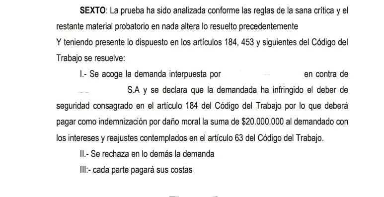 Sentencia judicial que concede indemnización por accidente laboral