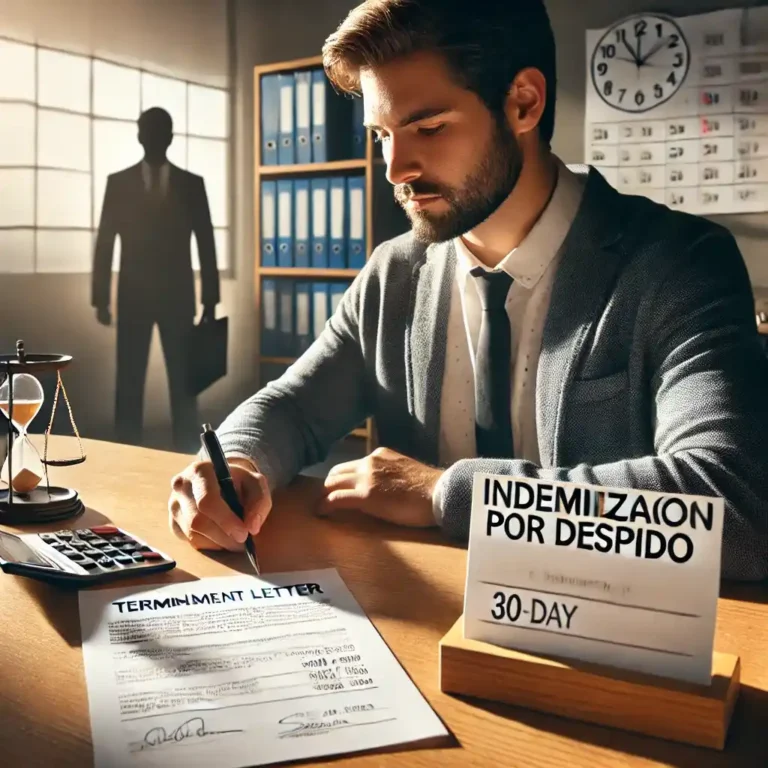 Indemnización por despido en Chile representada con trabajador revisando carta de despido y abogado de fondo